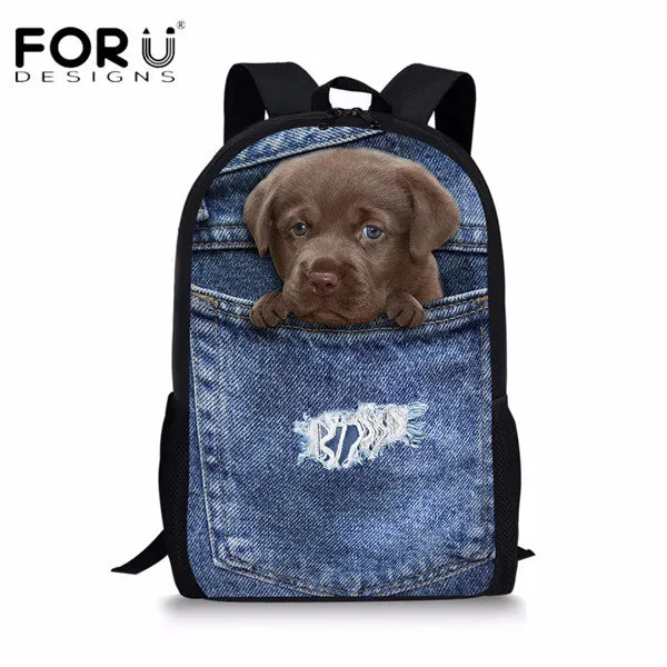 FORUDESIGNS Children School Bags for Teenage Girls Cute Denim Cat Dog Schoolbags Kids Bookbag 3D Cartoon Animal Backpack Mochila