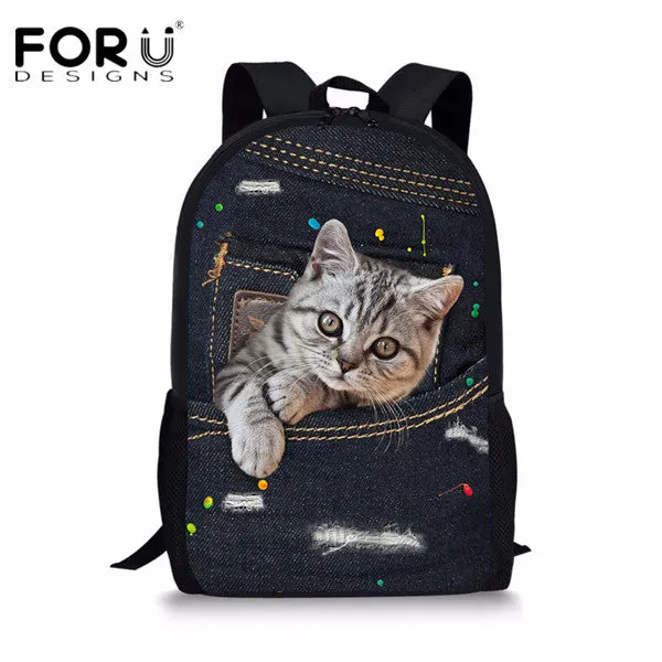 FORUDESIGNS Children School Bags for Teenage Girls Cute Denim Cat Dog Schoolbags Kids Bookbag 3D Cartoon Animal Backpack Mochila