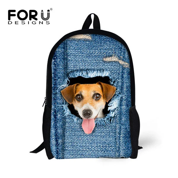 FORUDESIGNS Children School Bags for Teenage Girls Cute Denim Cat Dog Schoolbags Kids Bookbag 3D Cartoon Animal Backpack Mochila