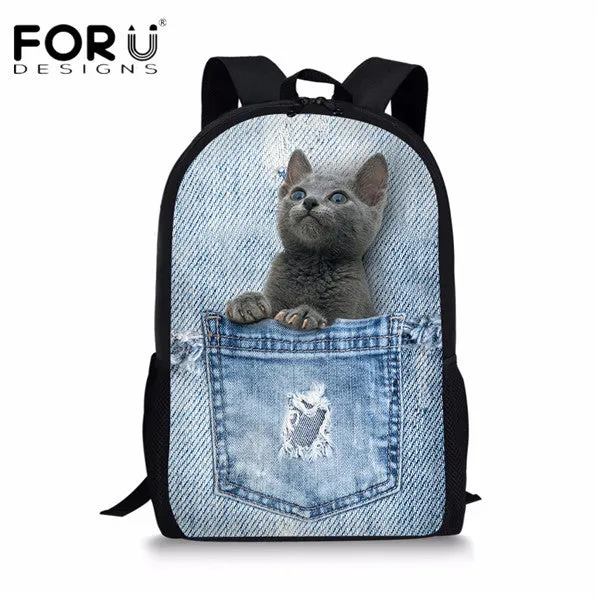 FORUDESIGNS Children School Bags for Teenage Girls Cute Denim Cat Dog Schoolbags Kids Bookbag 3D Cartoon Animal Backpack Mochila