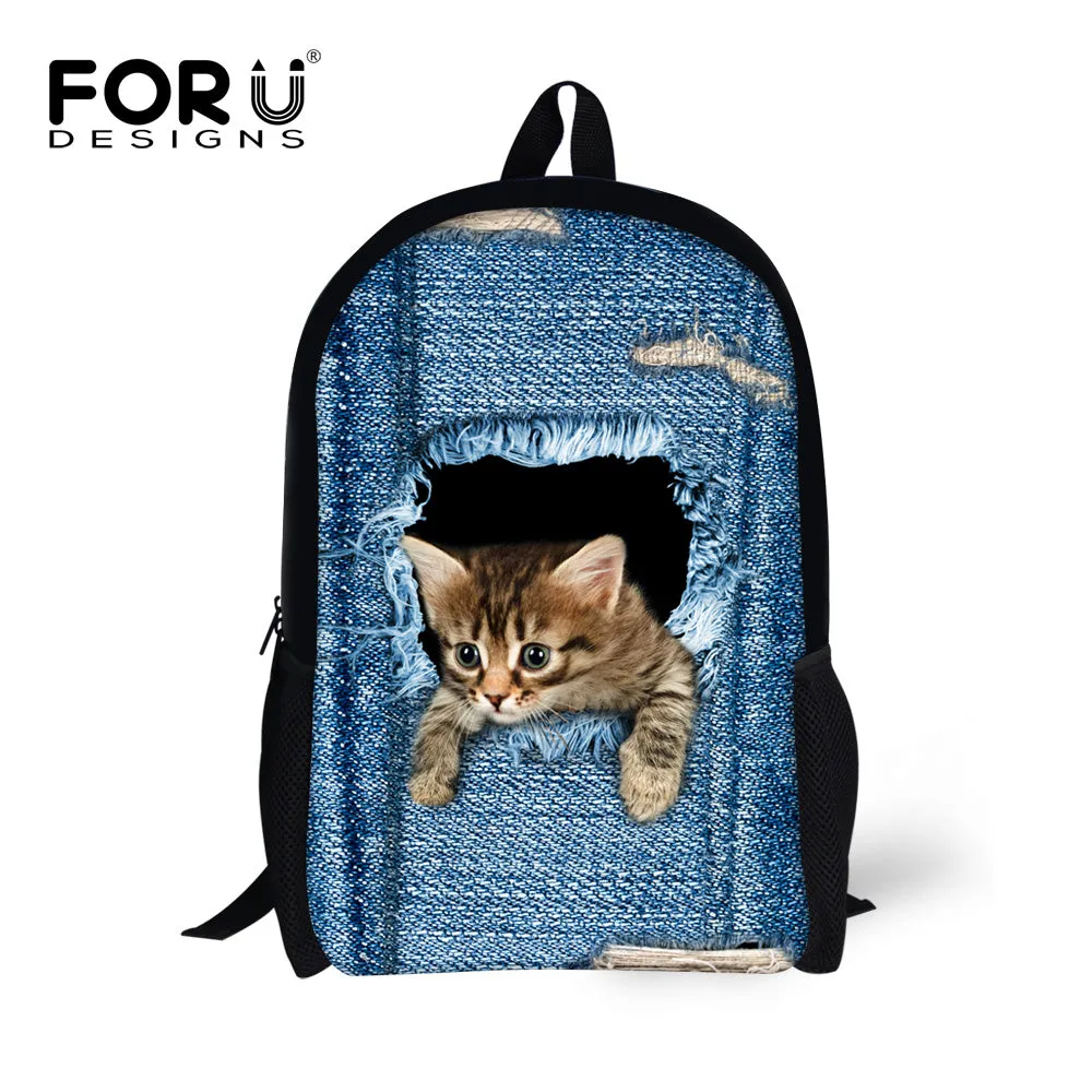 FORUDESIGNS Children School Bags for Teenage Girls Cute Denim Cat Dog Schoolbags Kids Bookbag 3D Cartoon Animal Backpack Mochila