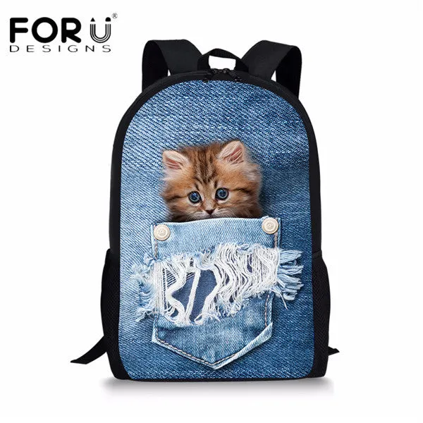 FORUDESIGNS Children School Bags for Teenage Girls Cute Denim Cat Dog Schoolbags Kids Bookbag 3D Cartoon Animal Backpack Mochila