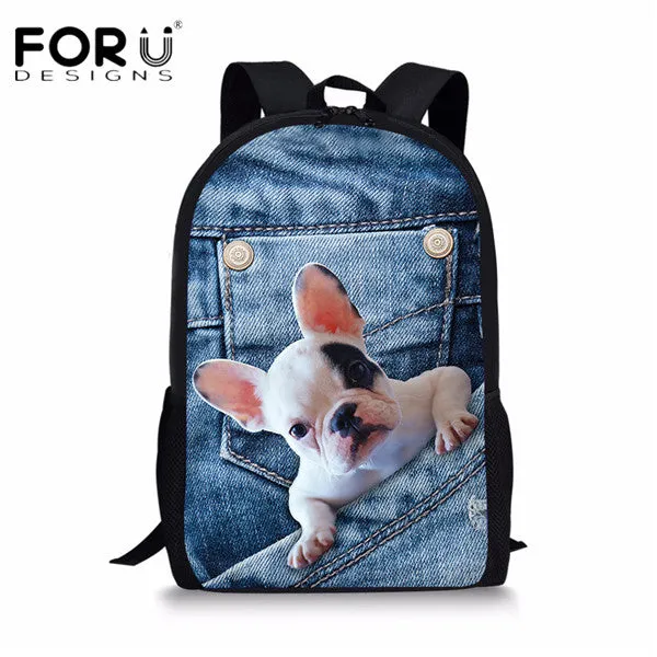 FORUDESIGNS Children School Bags for Teenage Girls Cute Denim Cat Dog Schoolbags Kids Bookbag 3D Cartoon Animal Backpack Mochila