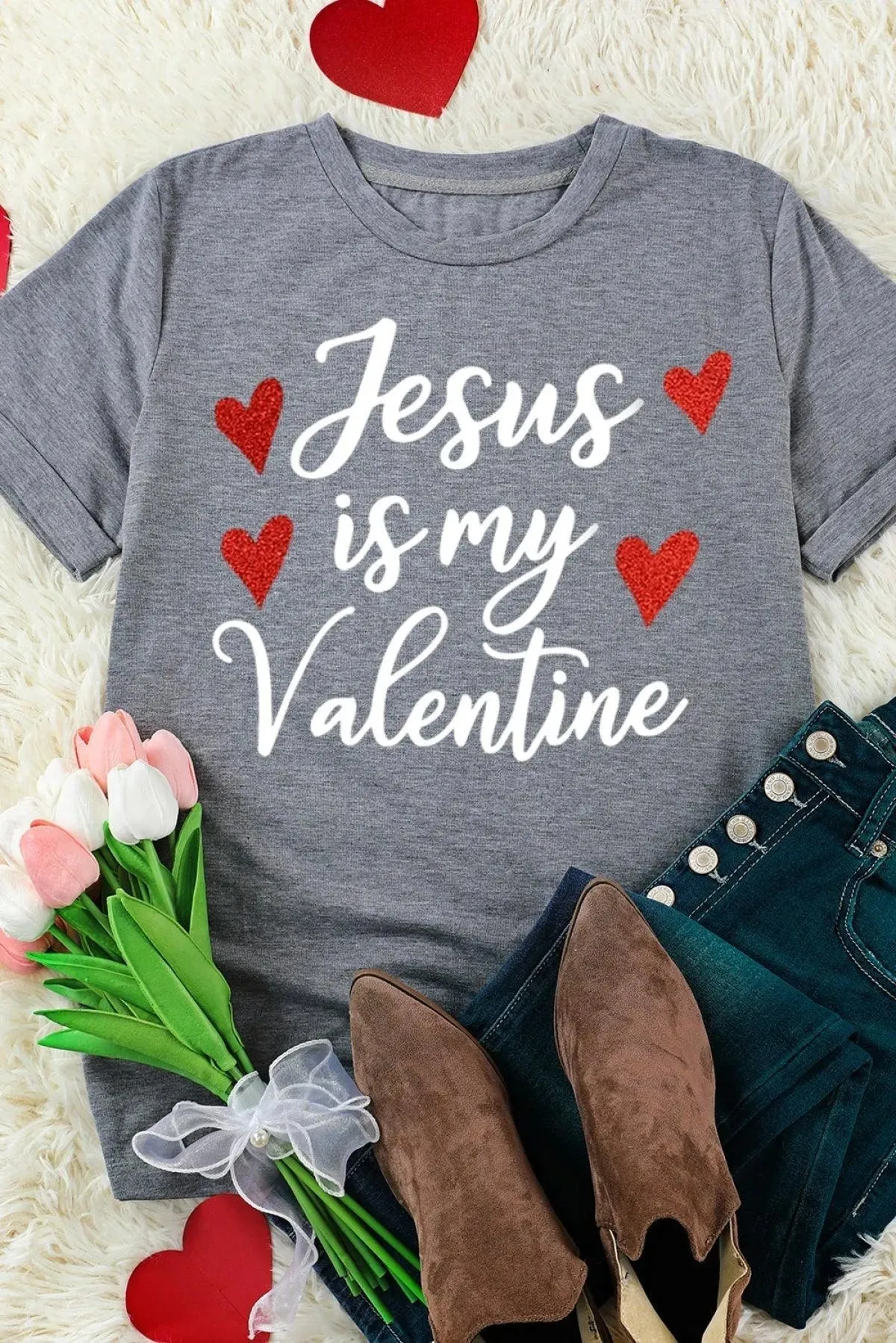 Gray Jesus Is My Valentine Heart Glitter Print Graphic T-Shirt