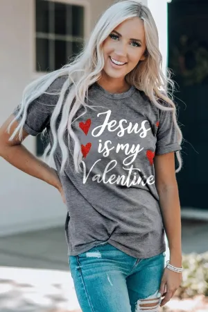 Gray Jesus Is My Valentine Heart Glitter Print Graphic T-Shirt