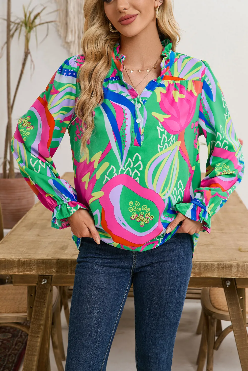 Green Abstract Print Ruffled Sleeve Buttoned V Neck Blouse