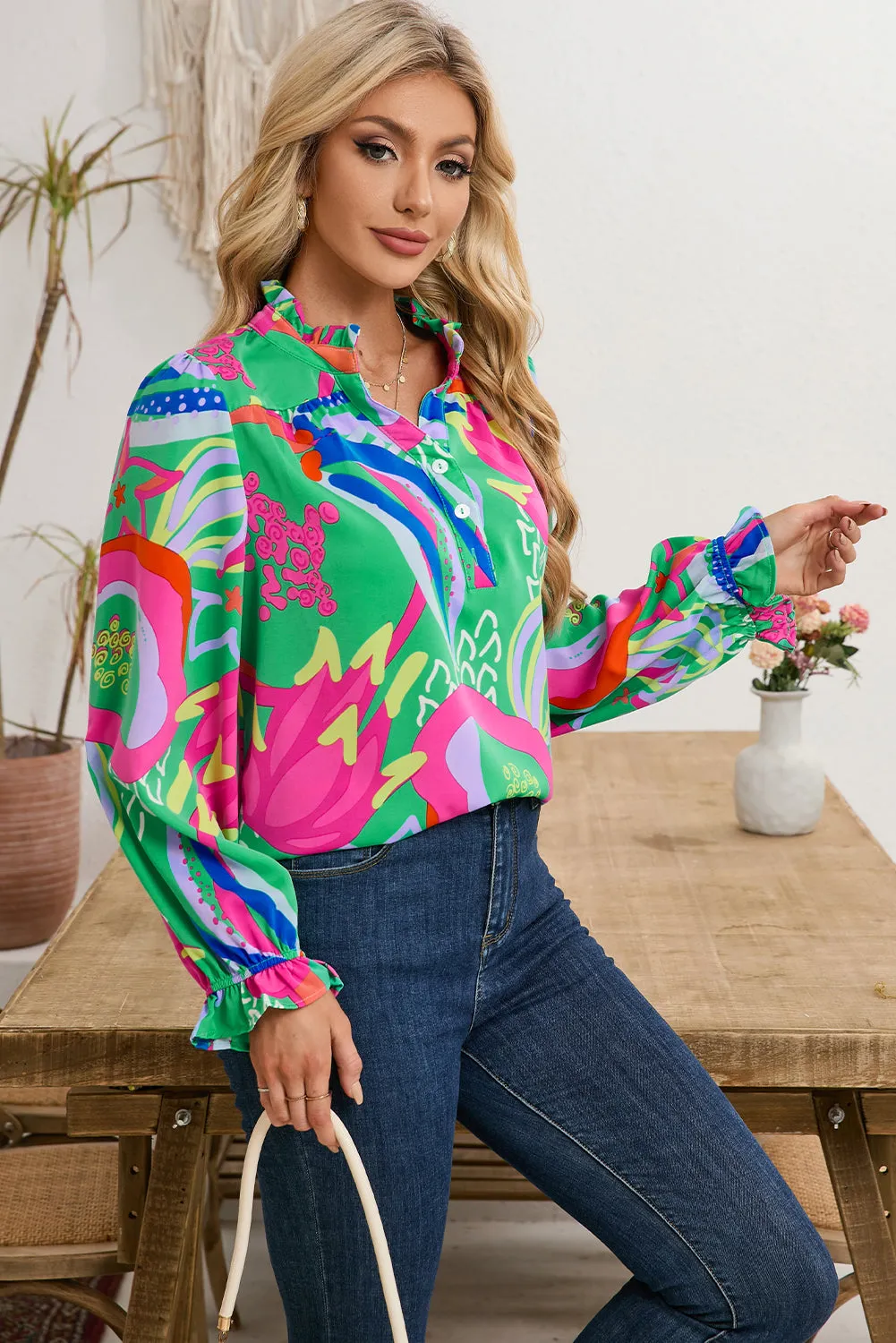 Green Abstract Print Ruffled Sleeve Buttoned V Neck Blouse