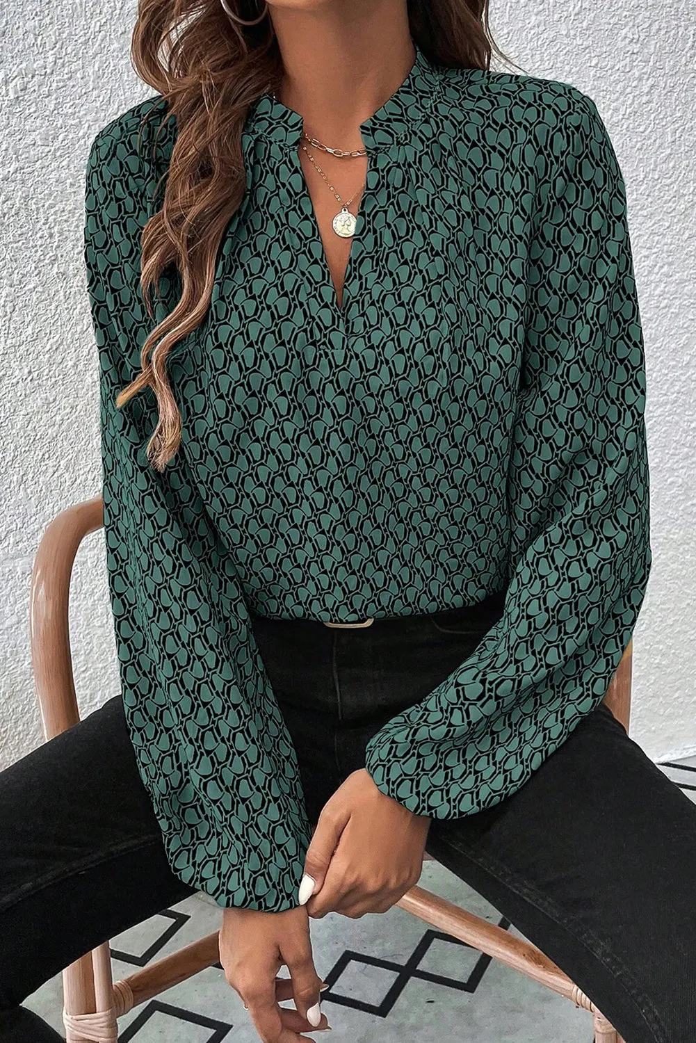 Green Geometric Print Notched Neck Puff Sleeve Blouse