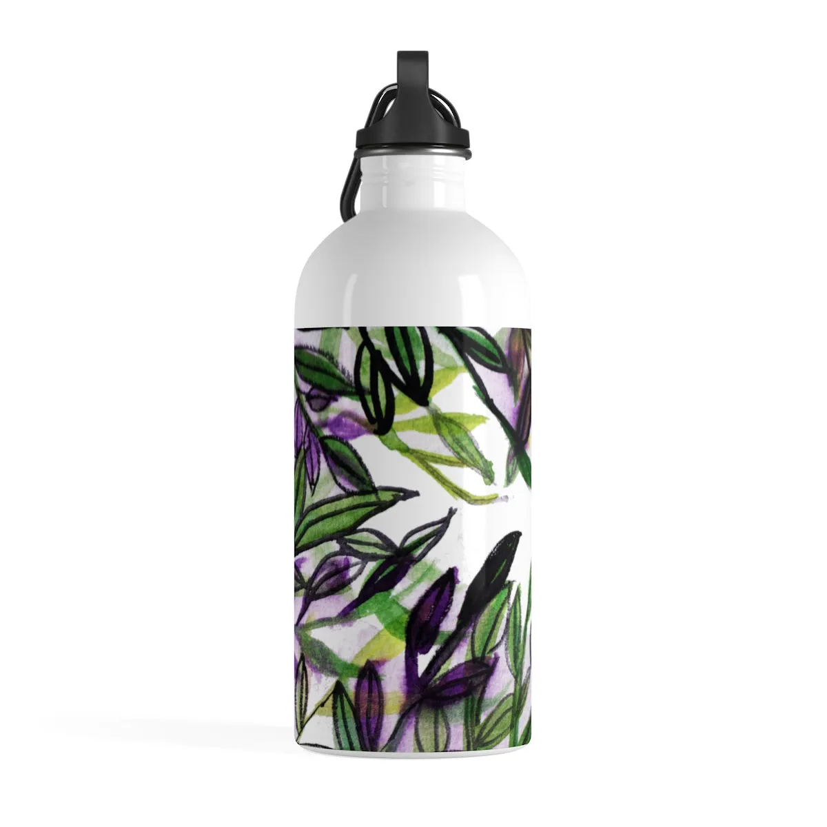 Green Tropical 14 oz Water Bottle, Purple Leaves Print Stainless Steel Large Water Bottle - Made in USA