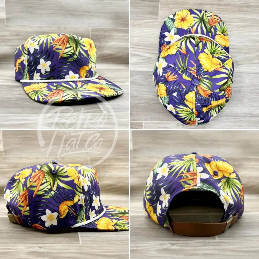 Happy Camper on Purple Hawaiian Retro Rope Hat w/Leather Strap Back