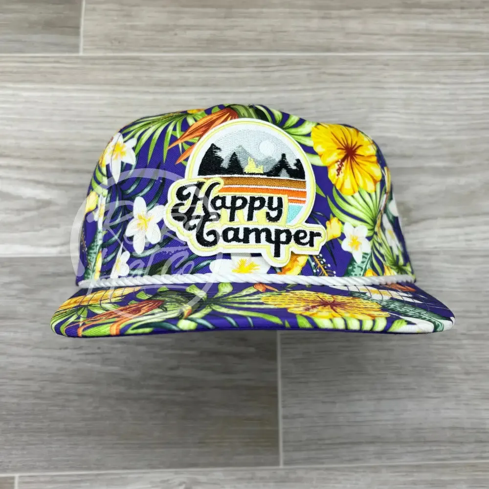 Happy Camper on Purple Hawaiian Retro Rope Hat w/Leather Strap Back