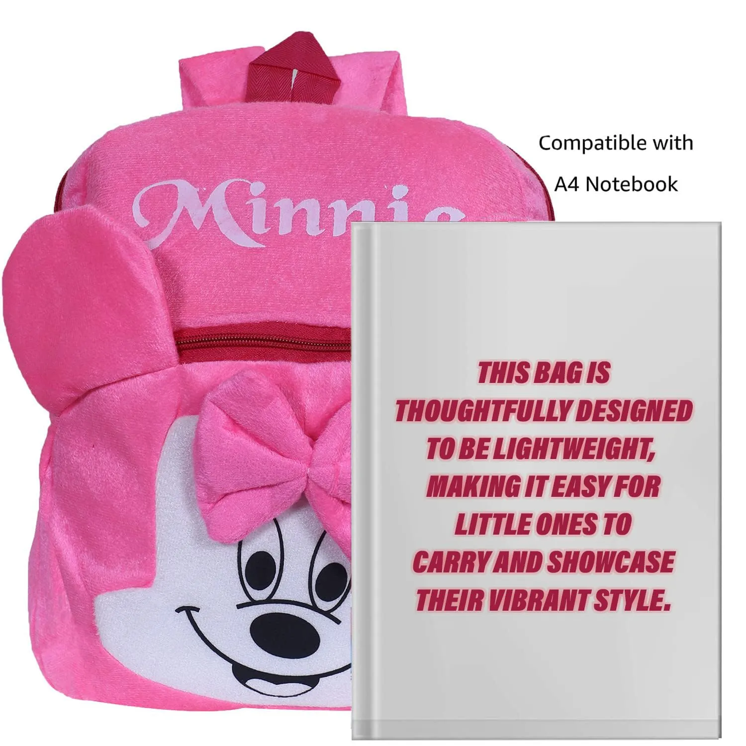 Heart Home Disney Minnie Bow Backpack | 2 Compartment Velvet School Bag | School Bag for Kids | Kids School Backpack | Backpack for School | Pink