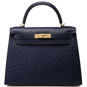 Hermès Kelly 25 Bleu Iris Sellier Ostrich Gold Hardware GHW