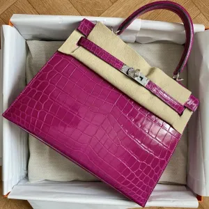 Hermès Kelly 25 Rose Pourpre Sellier Crocodile Niloticus Lisse Palladium Hardware PHW