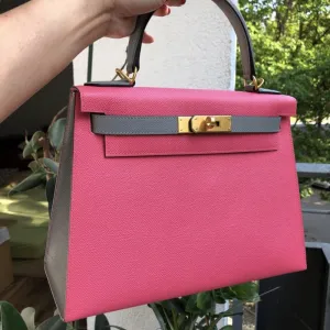 Hermès Kelly HSS 28 Rose Azalee/Gris Mouette Sellier Epsom Gold Hardware GHW