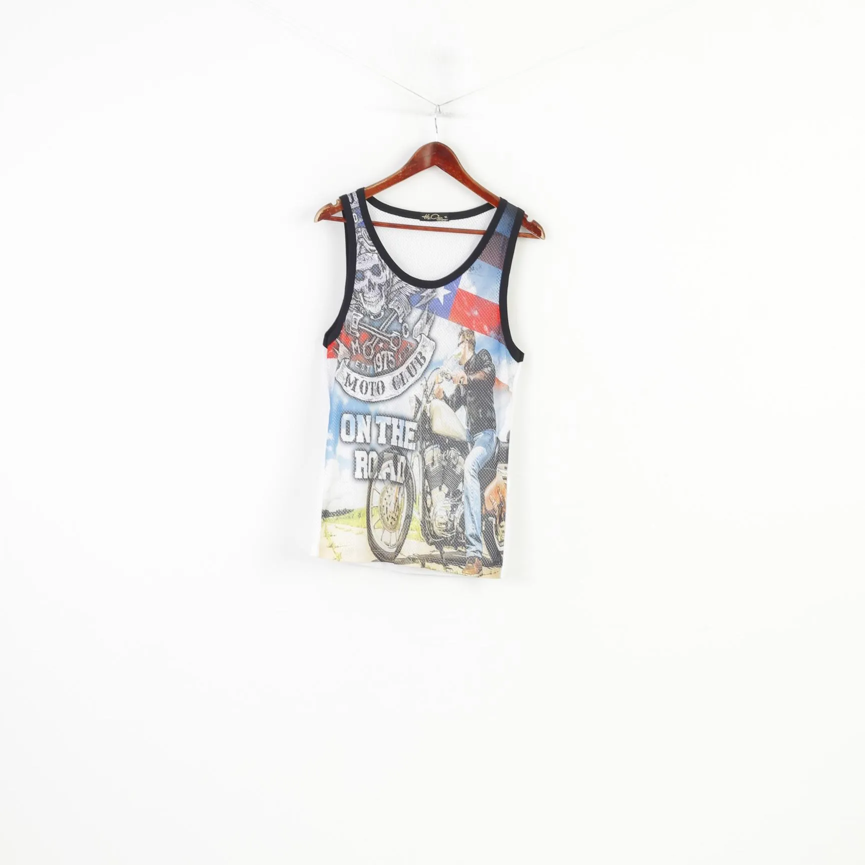 Hi-Chic Men S Shirt Sleevelees White Moto Club On The Road Tank Top Mesh Vintage Top