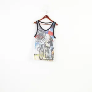 Hi-Chic Men S Shirt Sleevelees White Moto Club On The Road Tank Top Mesh Vintage Top