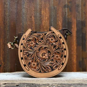 Horseshoe Shape Hand Tooled Leather Bag