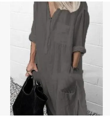 IKEARLAX Cross-Border Hot  Summer and Autumn Elegant Solid Color Slit Dress Simple Clinch Long Shirt Dress in Stock