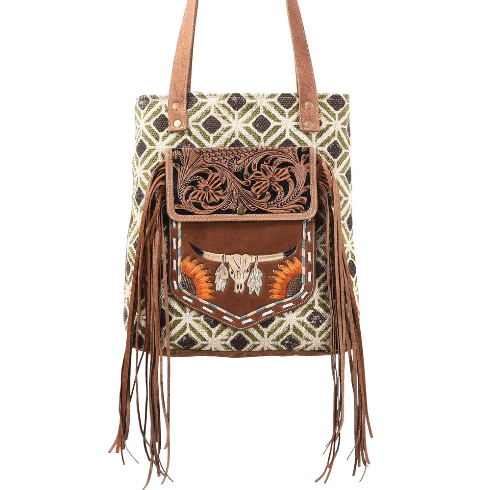 KB367 - KB367 -TOTE Hand Tooled Saddle Leather and Upcycled Canvas Ladies Bag Standard KB367 - KB367