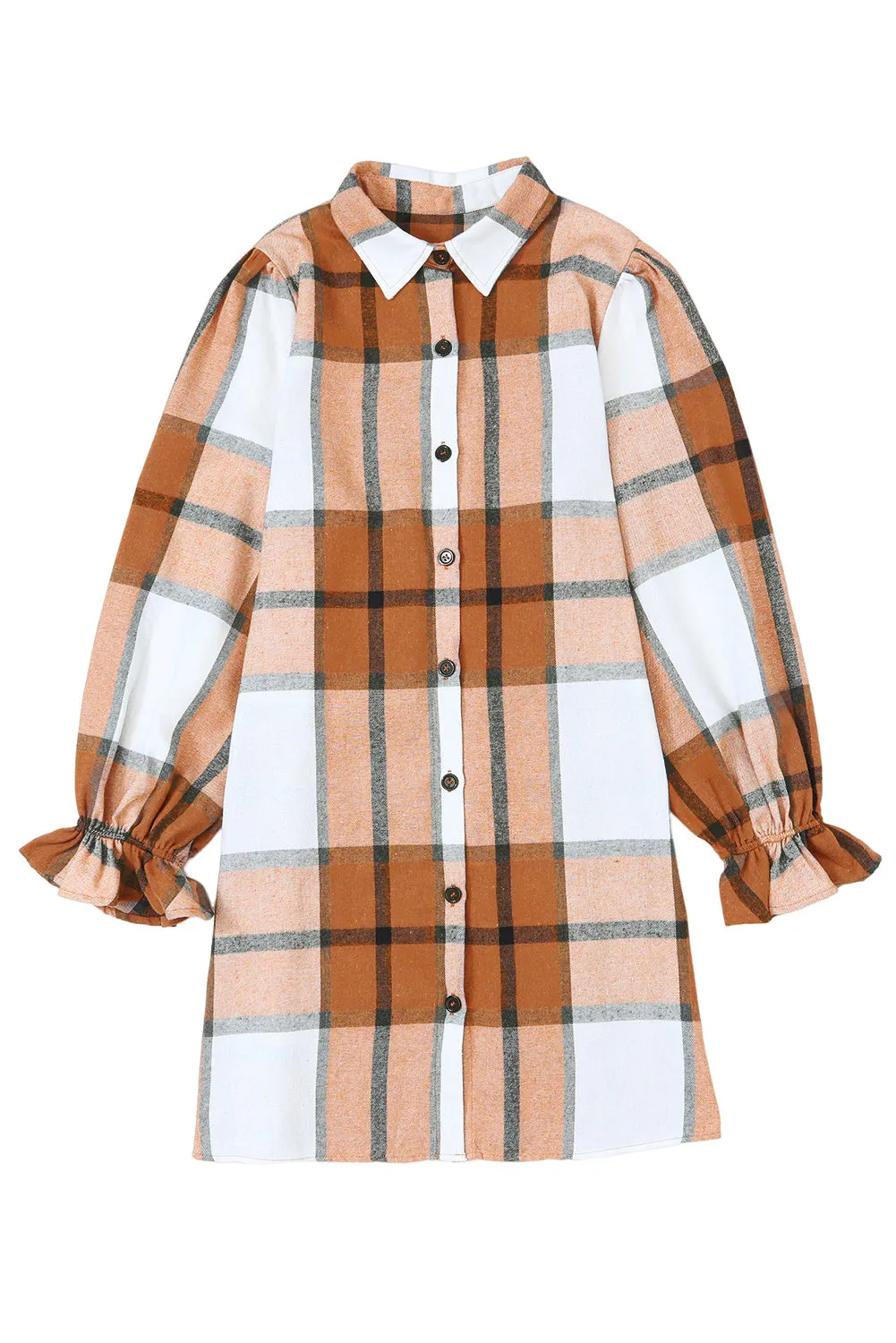 Khaki Plaid Collared Neck Ruffled Sleeve Shirt Dress