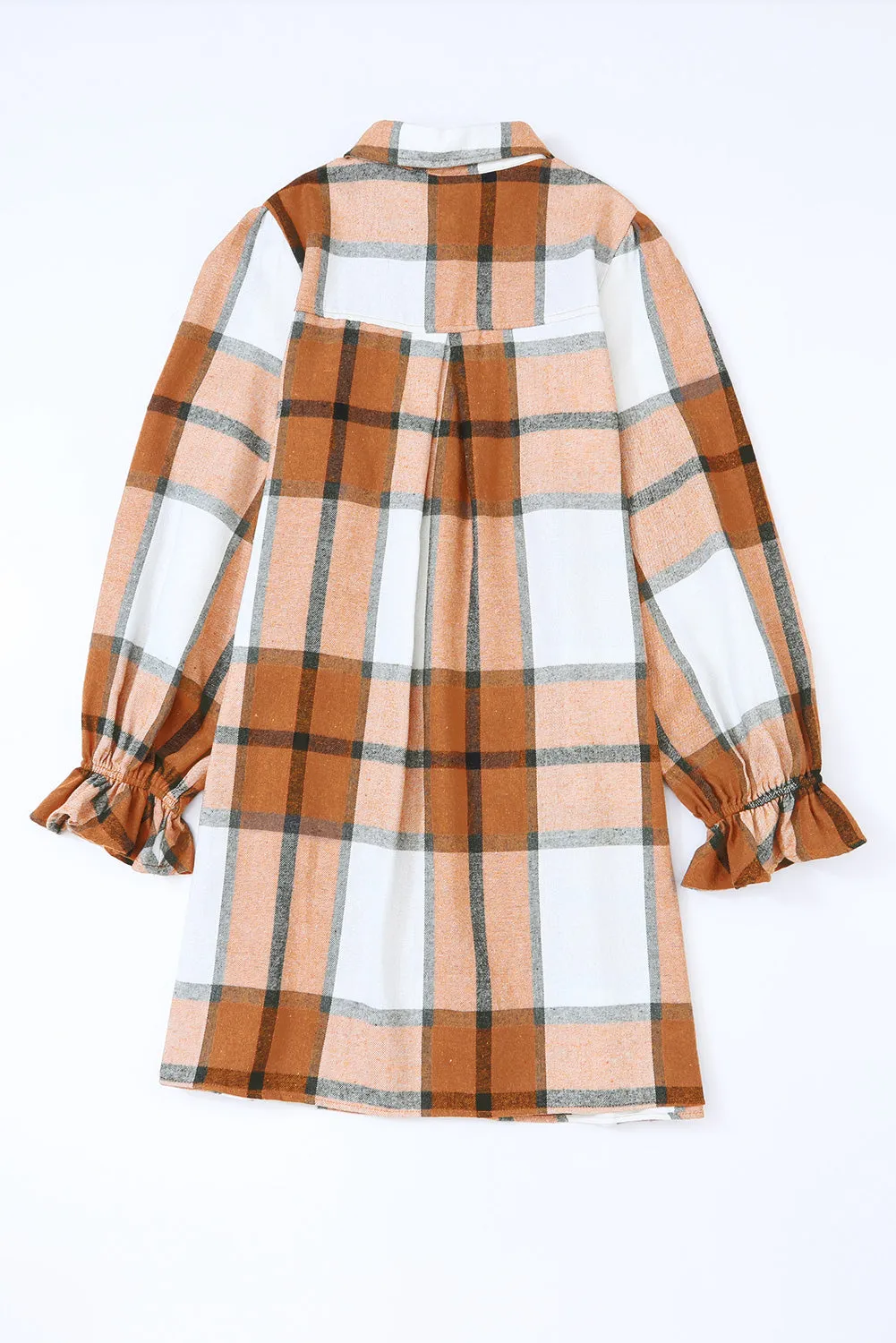 Khaki Plaid Collared Neck Ruffled Sleeve Shirt Dress