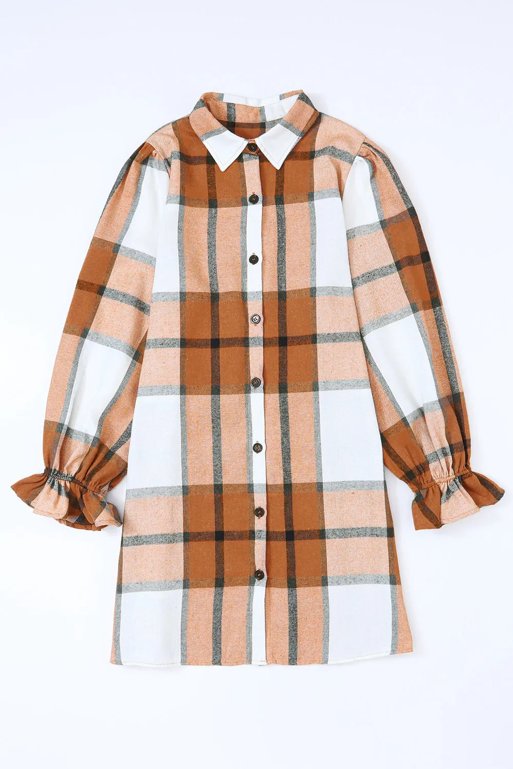 Khaki Plaid Collared Neck Ruffled Sleeve Shirt Dress