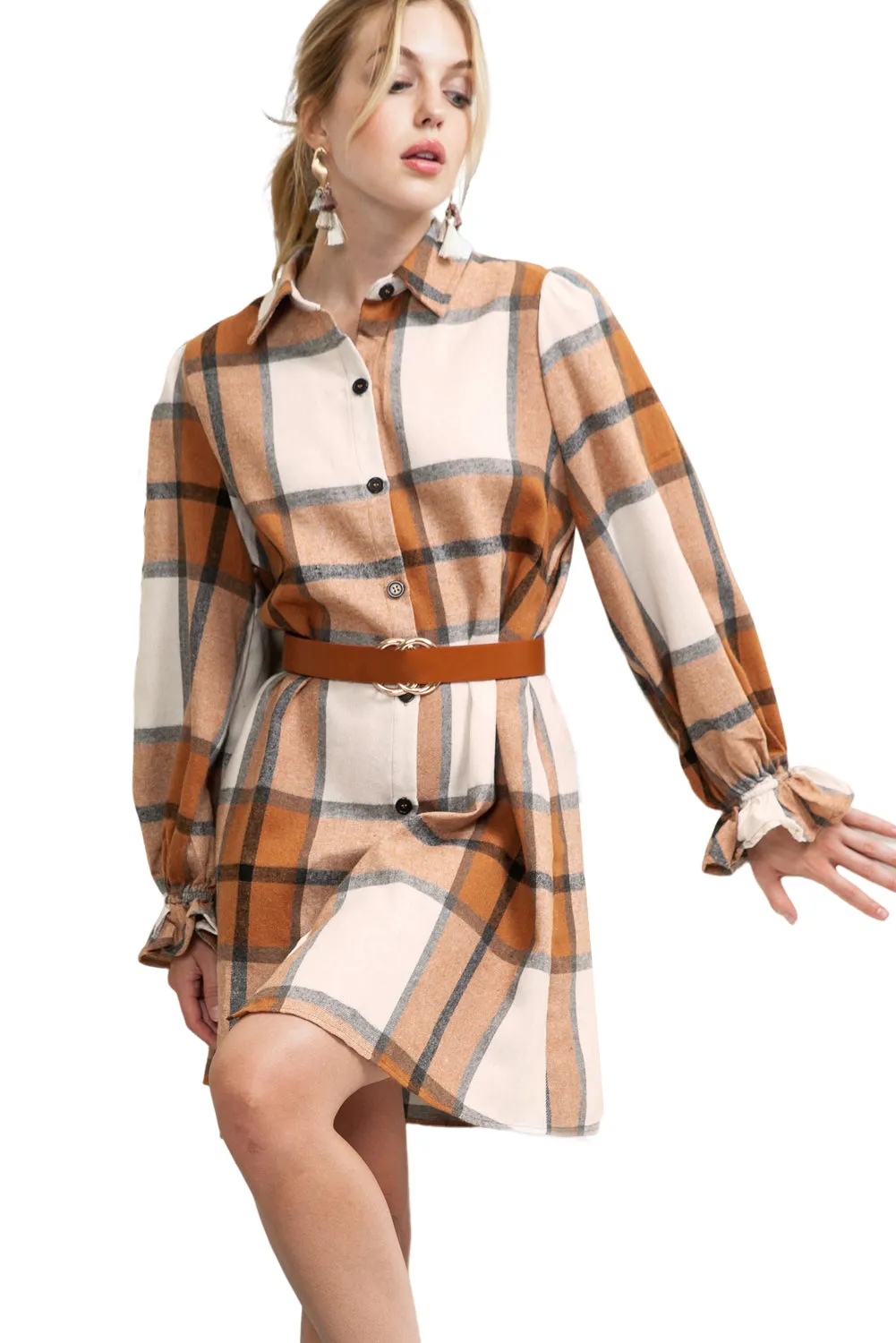 Khaki Plaid Collared Neck Ruffled Sleeve Shirt Dress