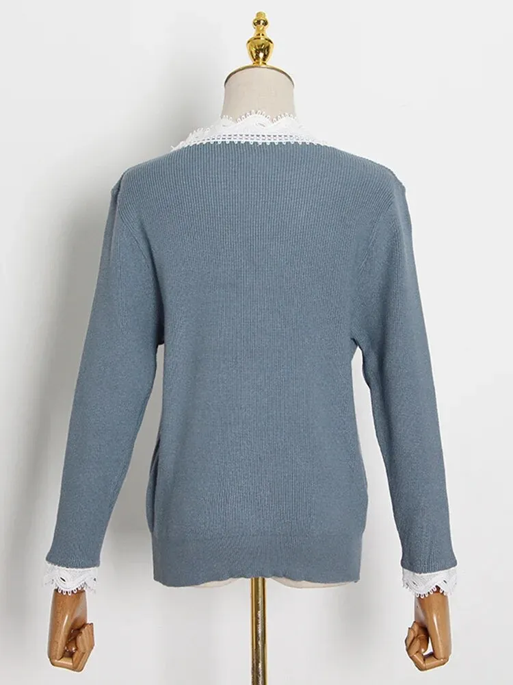 Knitting Solid Sweater For Women V Neck Long Sleeve Slim Spliced Button Autumn Sweater Female Fashion Style