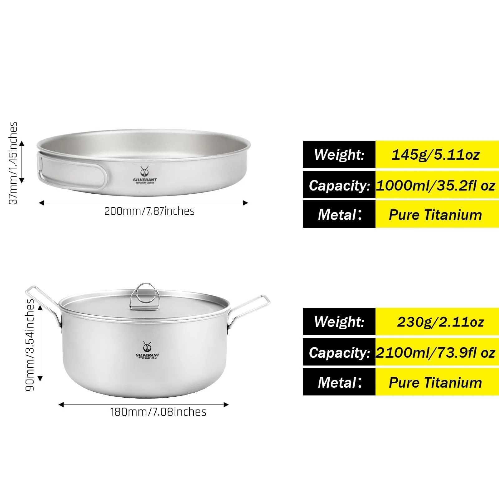 Large 2-Piece Titanium Pot & Pan Camping Cookware Set