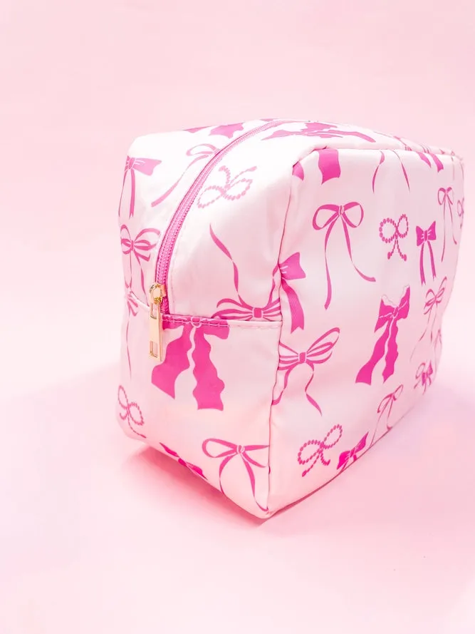 Large Pink Bows Nylon Cosmetic Zipper Bag