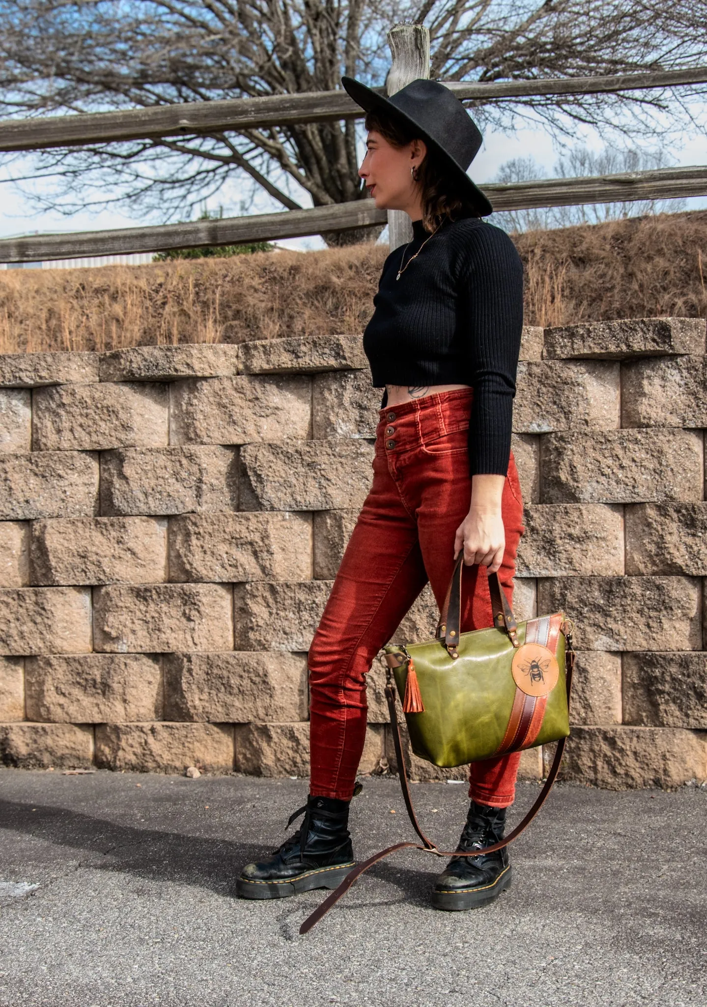 LIMITED-RUN | Handmade Leather Purse |The Striped Eco-Friendly BEE Bowler Bag | Moss Green