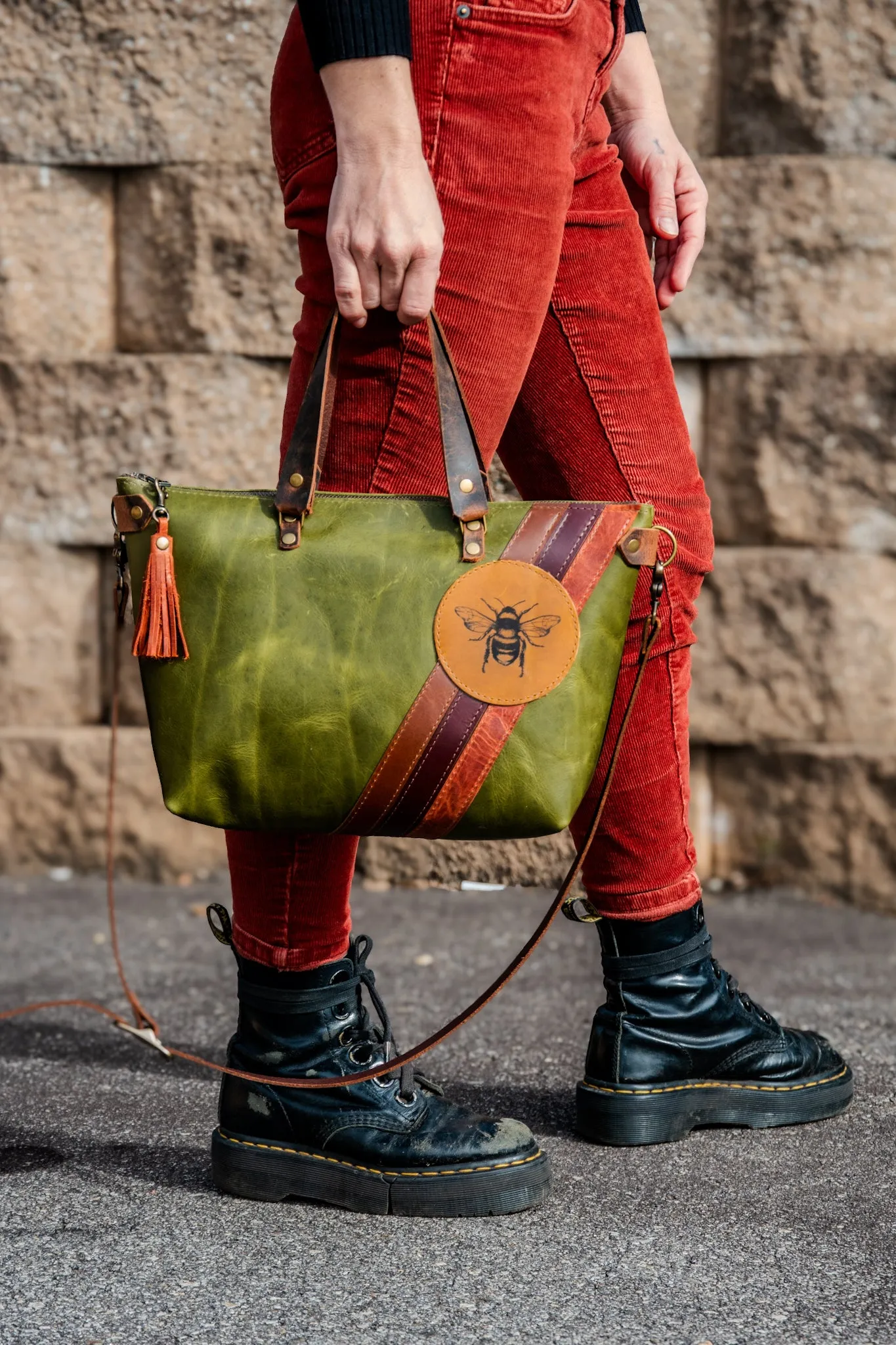 LIMITED-RUN | Handmade Leather Purse |The Striped Eco-Friendly BEE Bowler Bag | Moss Green