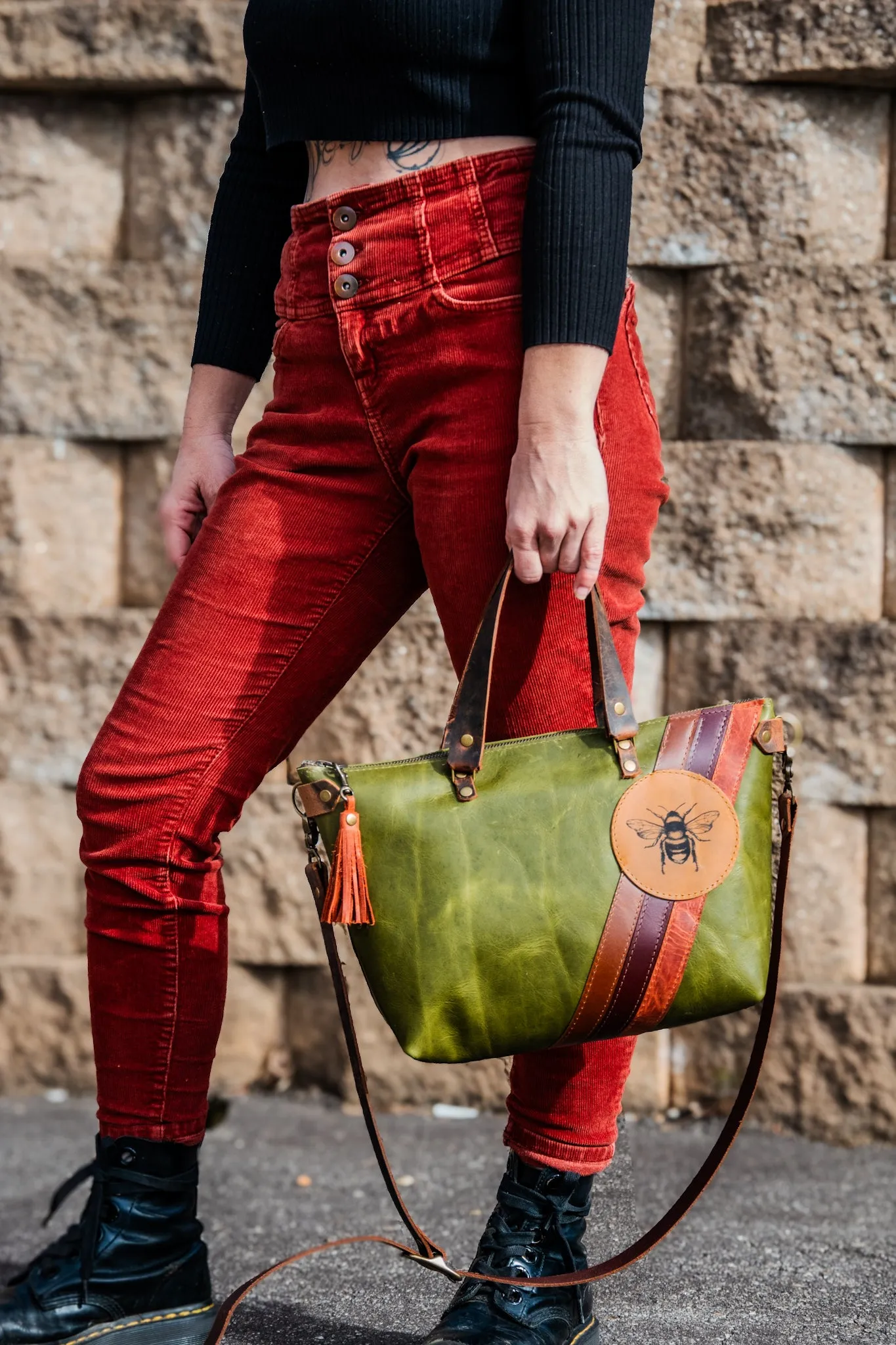 LIMITED-RUN | Handmade Leather Purse |The Striped Eco-Friendly BEE Bowler Bag | Moss Green