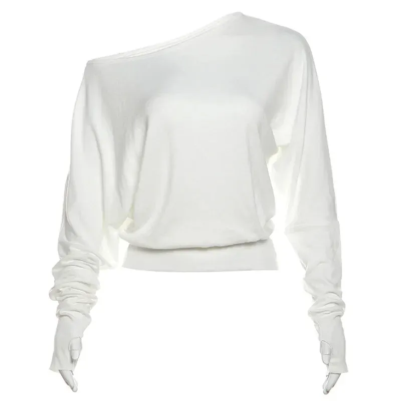 Long Sleeve One Shoulder Assymetrical Top Casual White Tshirts Women Clothing Autumn 2024 P71-CZ26