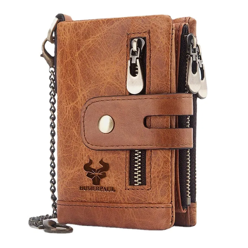 Men Genuine Leather RFID Anti-scanning Anti-Theft Zipper Wallet With Chain