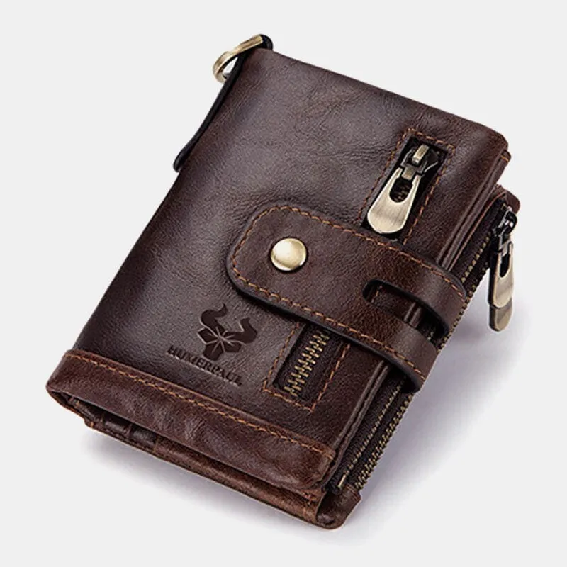 Men Genuine Leather RFID Anti-scanning Anti-Theft Zipper Wallet With Chain