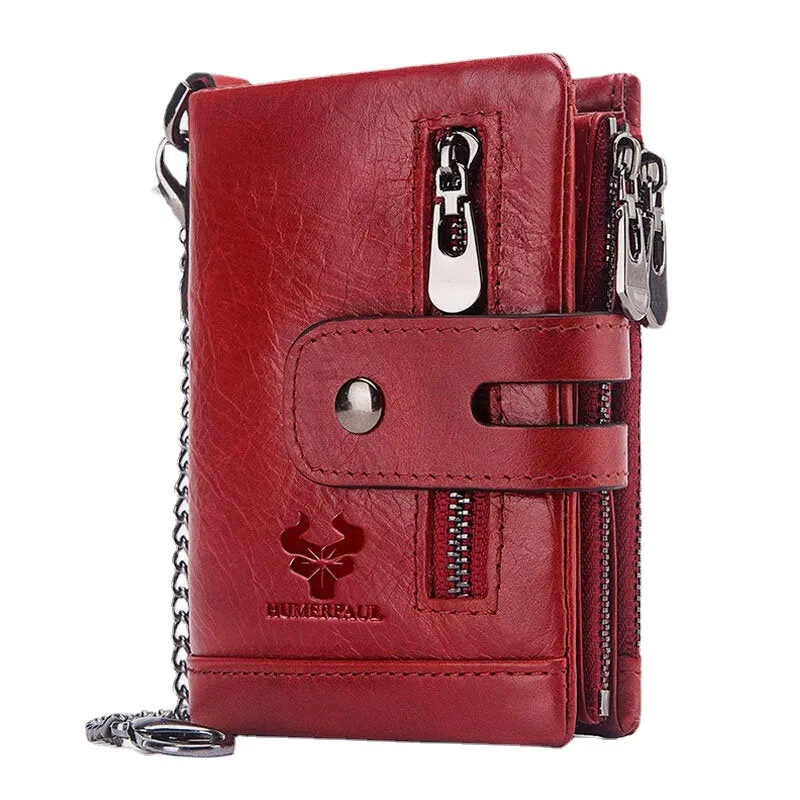 Men Genuine Leather RFID Anti-scanning Anti-Theft Zipper Wallet With Chain