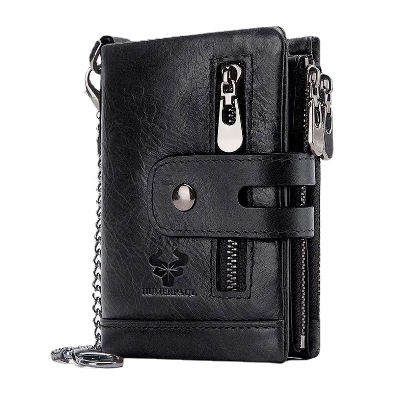 Men Genuine Leather RFID Anti-scanning Anti-Theft Zipper Wallet With Chain