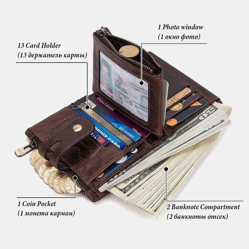 Men Genuine Leather RFID Anti-scanning Anti-Theft Zipper Wallet With Chain