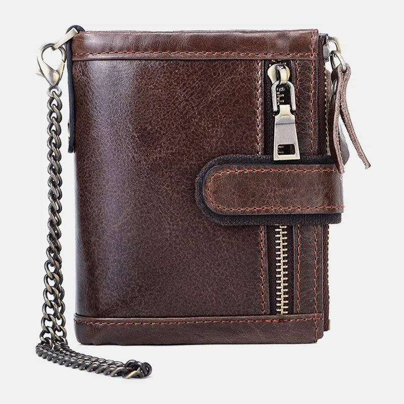 Men Genuine Leather RFID Anti-theft Retro Zipper Cowhide Chain Multi-slot Card Holder Wallet