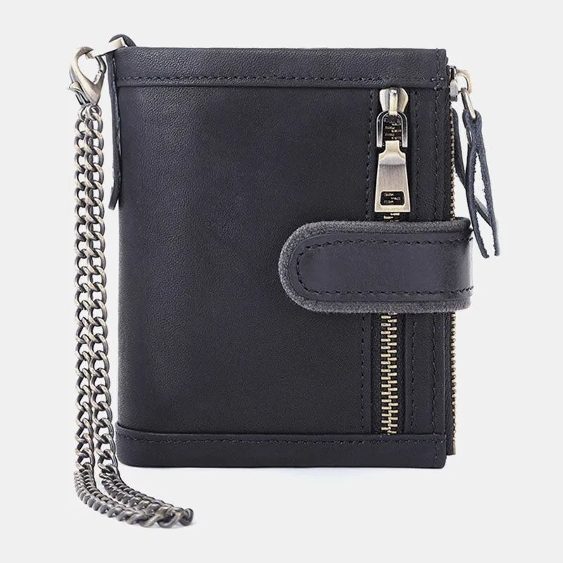 Men Genuine Leather RFID Anti-theft Retro Zipper Cowhide Chain Multi-slot Card Holder Wallet