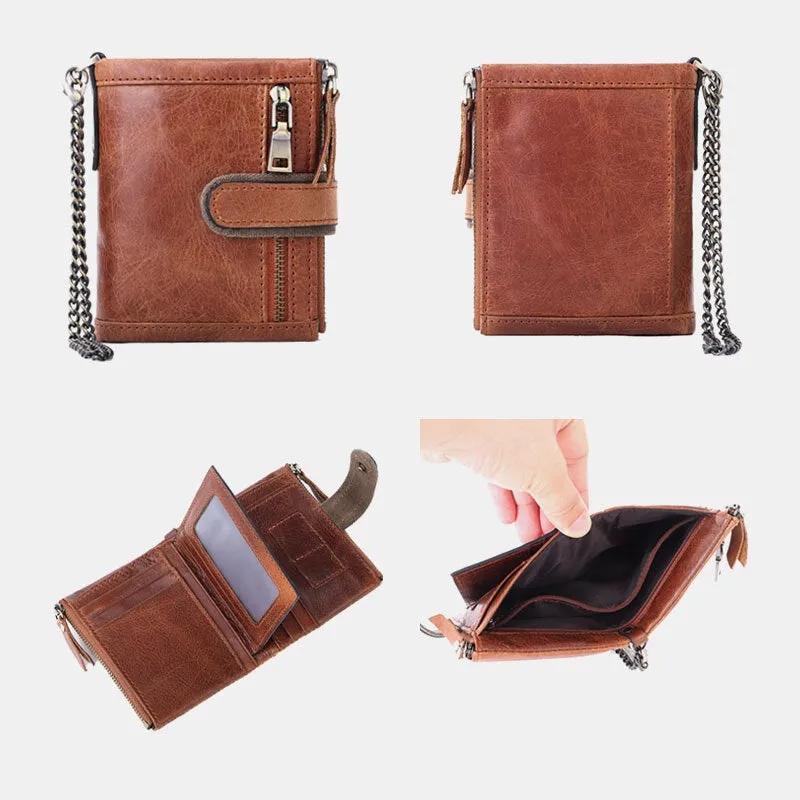 Men Genuine Leather RFID Anti-theft Retro Zipper Cowhide Chain Multi-slot Card Holder Wallet