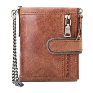 Men Genuine Leather RFID Anti-theft Retro Zipper Cowhide Chain Multi-slot Card Holder Wallet