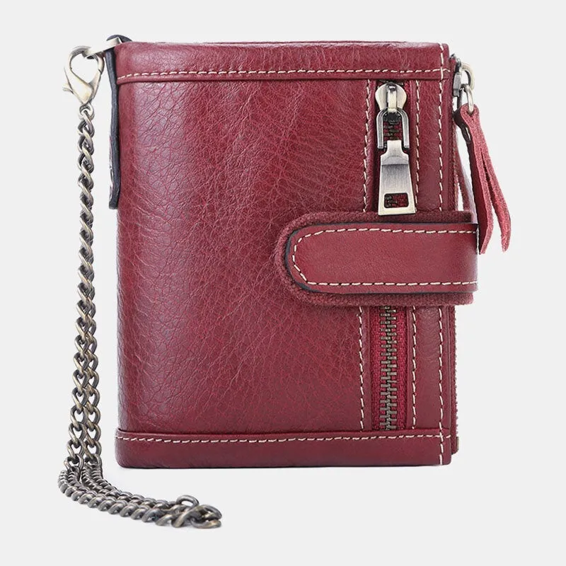 Men Genuine Leather RFID Anti-theft Retro Zipper Cowhide Chain Multi-slot Card Holder Wallet