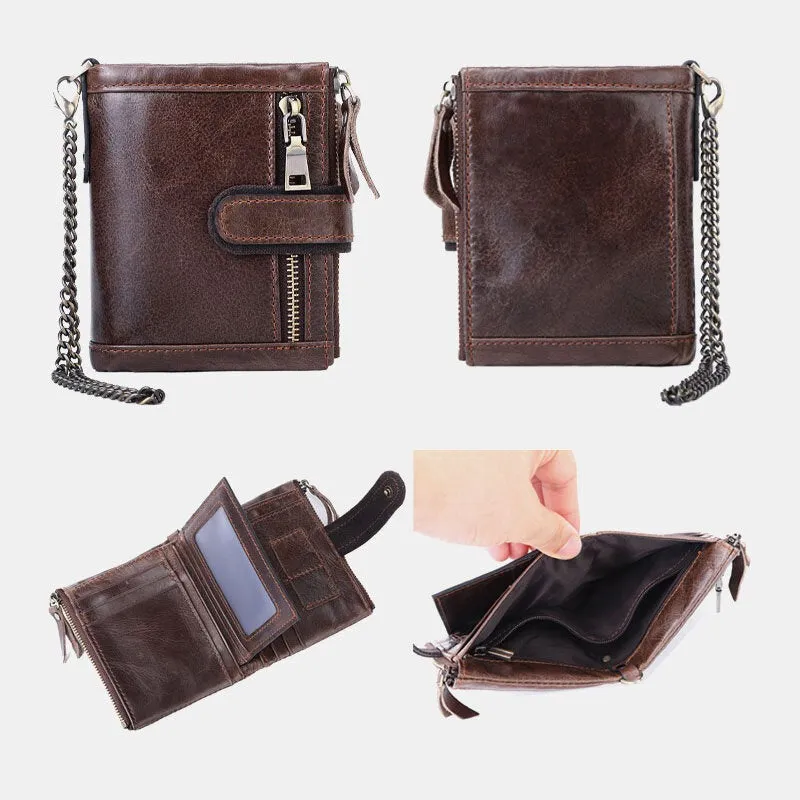 Men Genuine Leather RFID Anti-theft Retro Zipper Cowhide Chain Multi-slot Card Holder Wallet