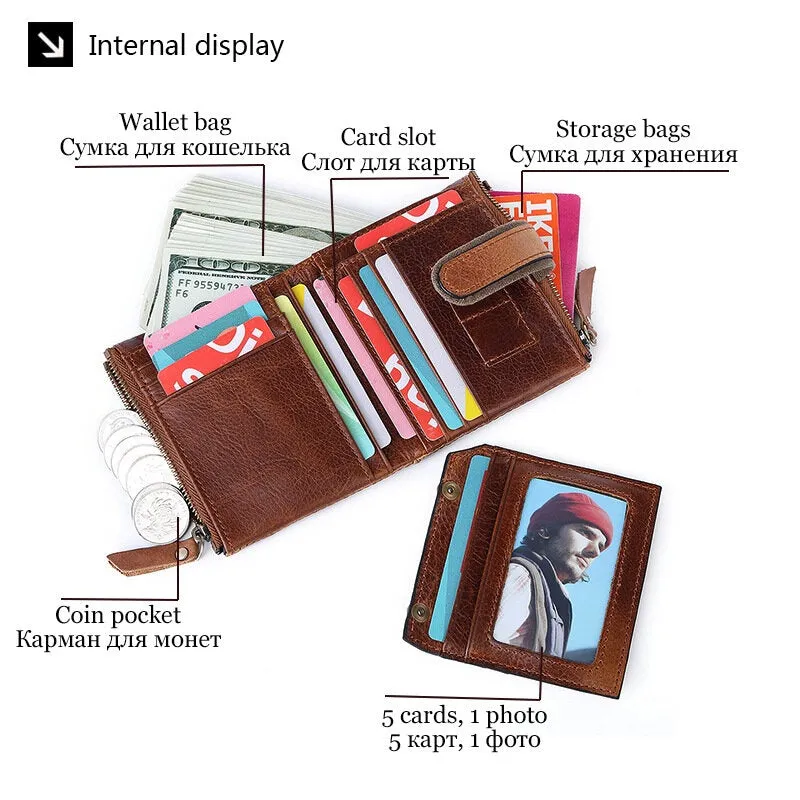 Men Genuine Leather RFID Anti-theft Retro Zipper Cowhide Chain Multi-slot Card Holder Wallet