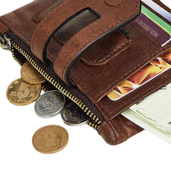 Men Genuine Leather Vintage Multi-slots Card Holder Zipper Anti-theft Small Short Wallet Purse