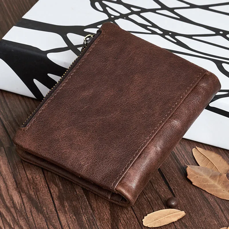 Men Genuine Leather Vintage Multi-slots Card Holder Zipper Anti-theft Small Short Wallet Purse