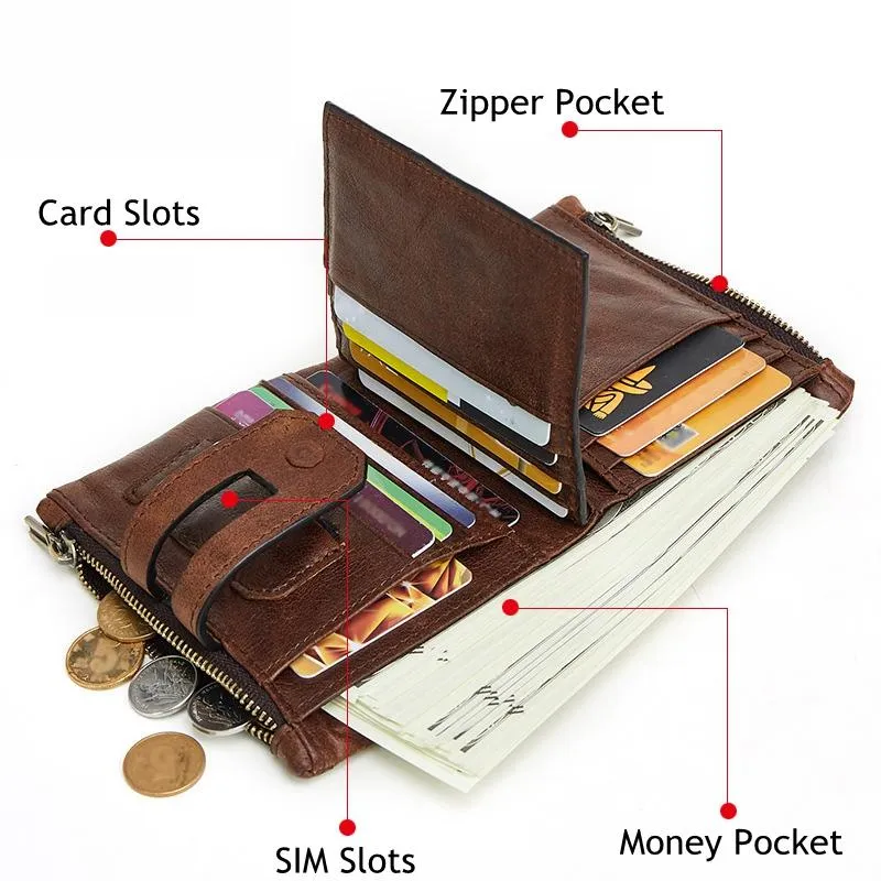 Men Genuine Leather Vintage Multi-slots Card Holder Zipper Anti-theft Small Short Wallet Purse